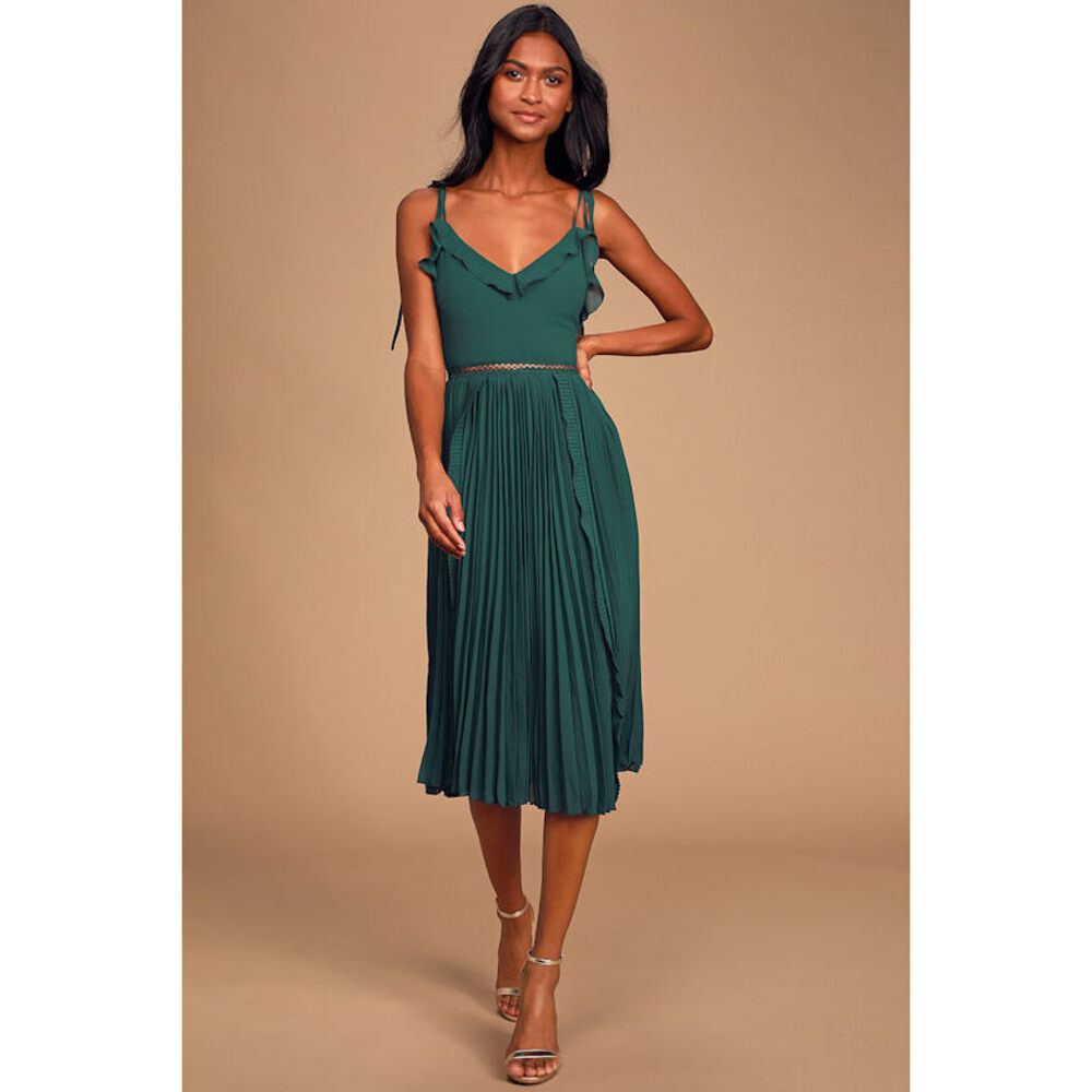 Lulus Never A Dull Moment Emerald Green Tie-strap Pleated Midi Dress - Size XS
